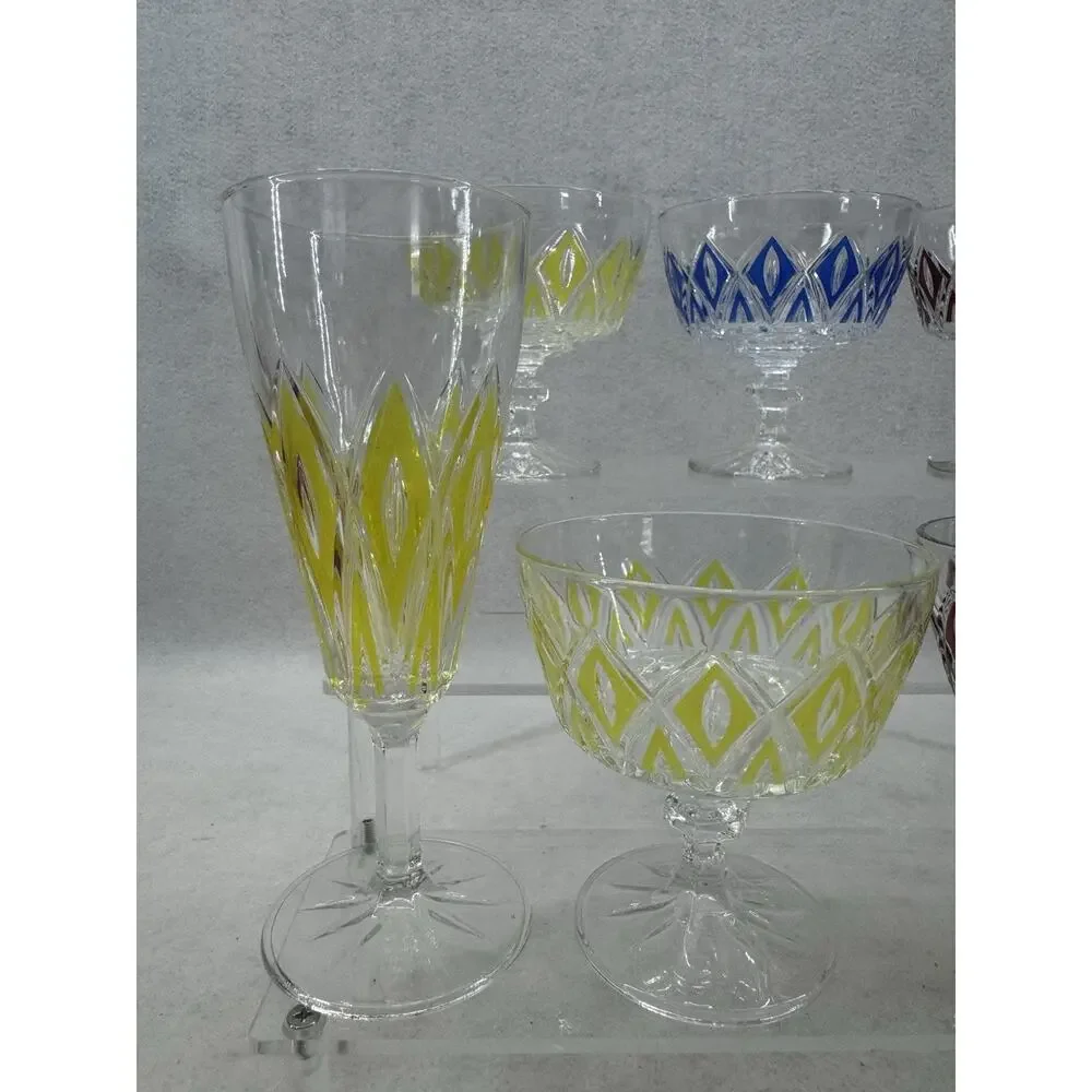 Vintage VMC Reims French Harlequin Crystal Stem Wine Glasses Set of 7 Colors MCM